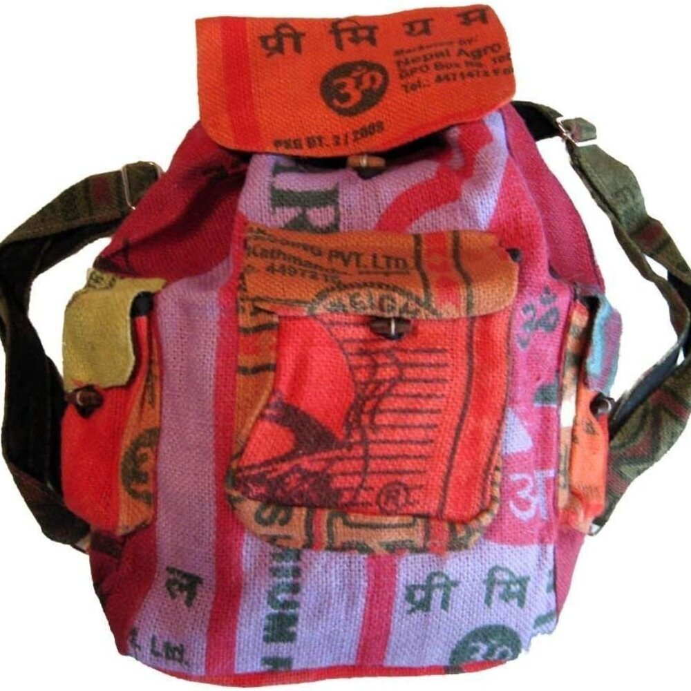 Recycled Jute Rice Bag Backpack Hand Made Nepal - Picture 6 of 9
